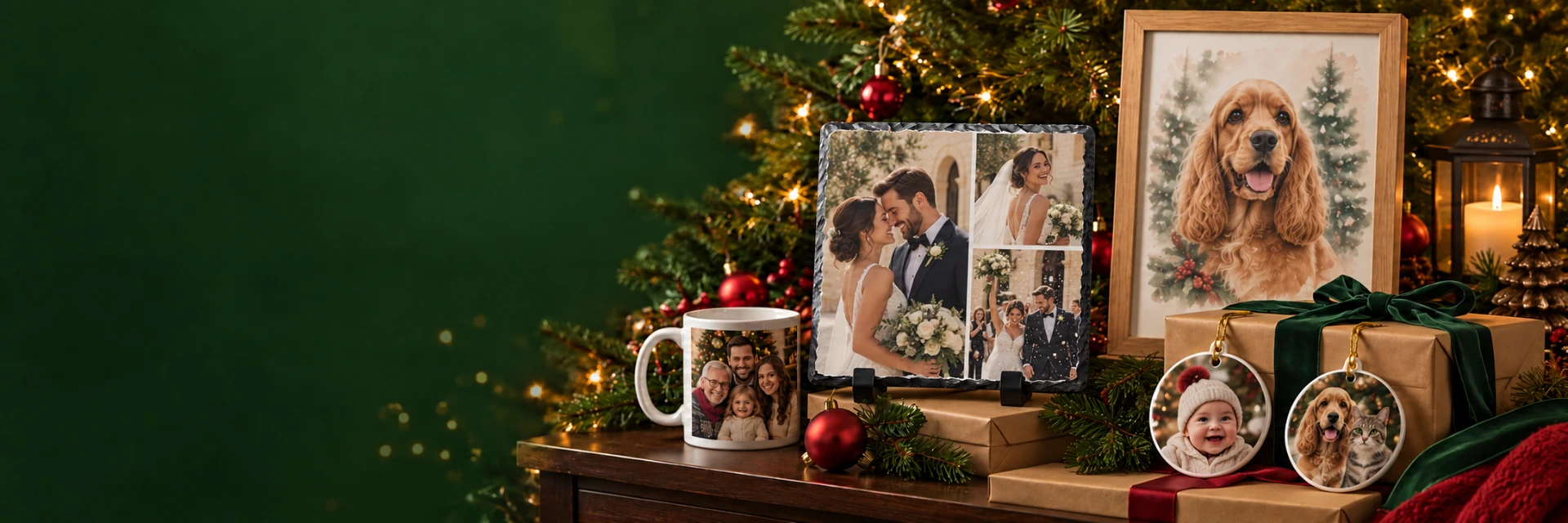 Personalised Christmas mug, photo slate, framed pet portrait and ornaments beside a decorated tree