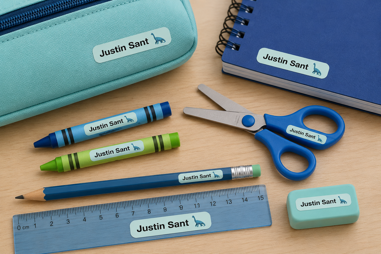 Personalised school name stickers on a pencil case, copybook, crayons, scissors, pencil, ruler and eraser