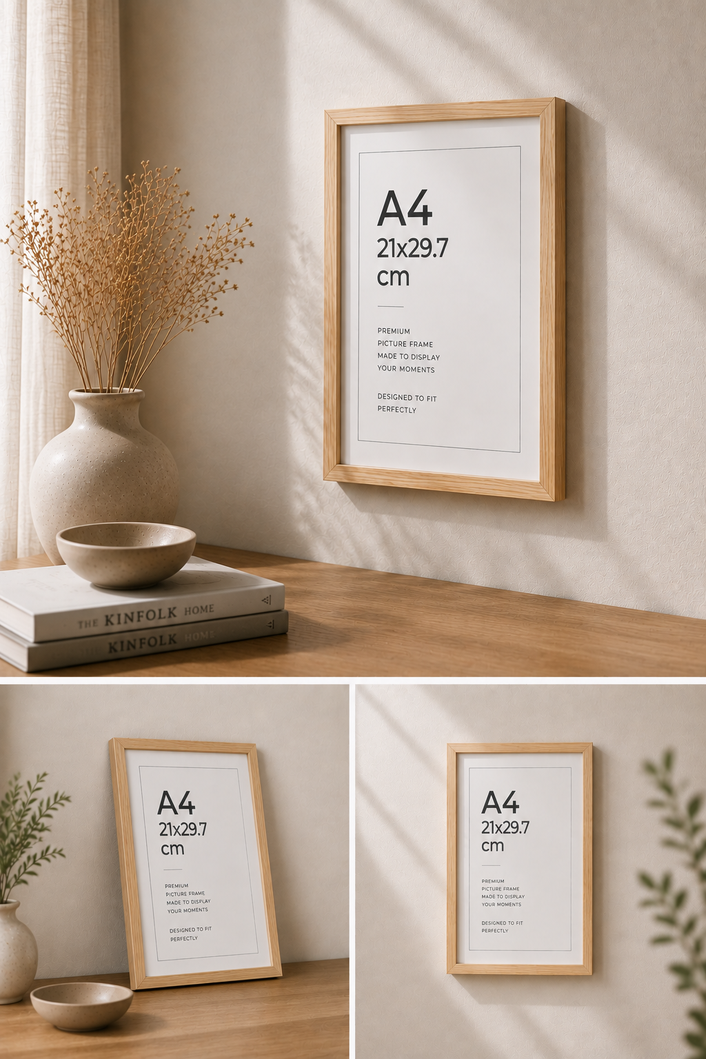 Oak A4 photo frame shown standing and wall hung