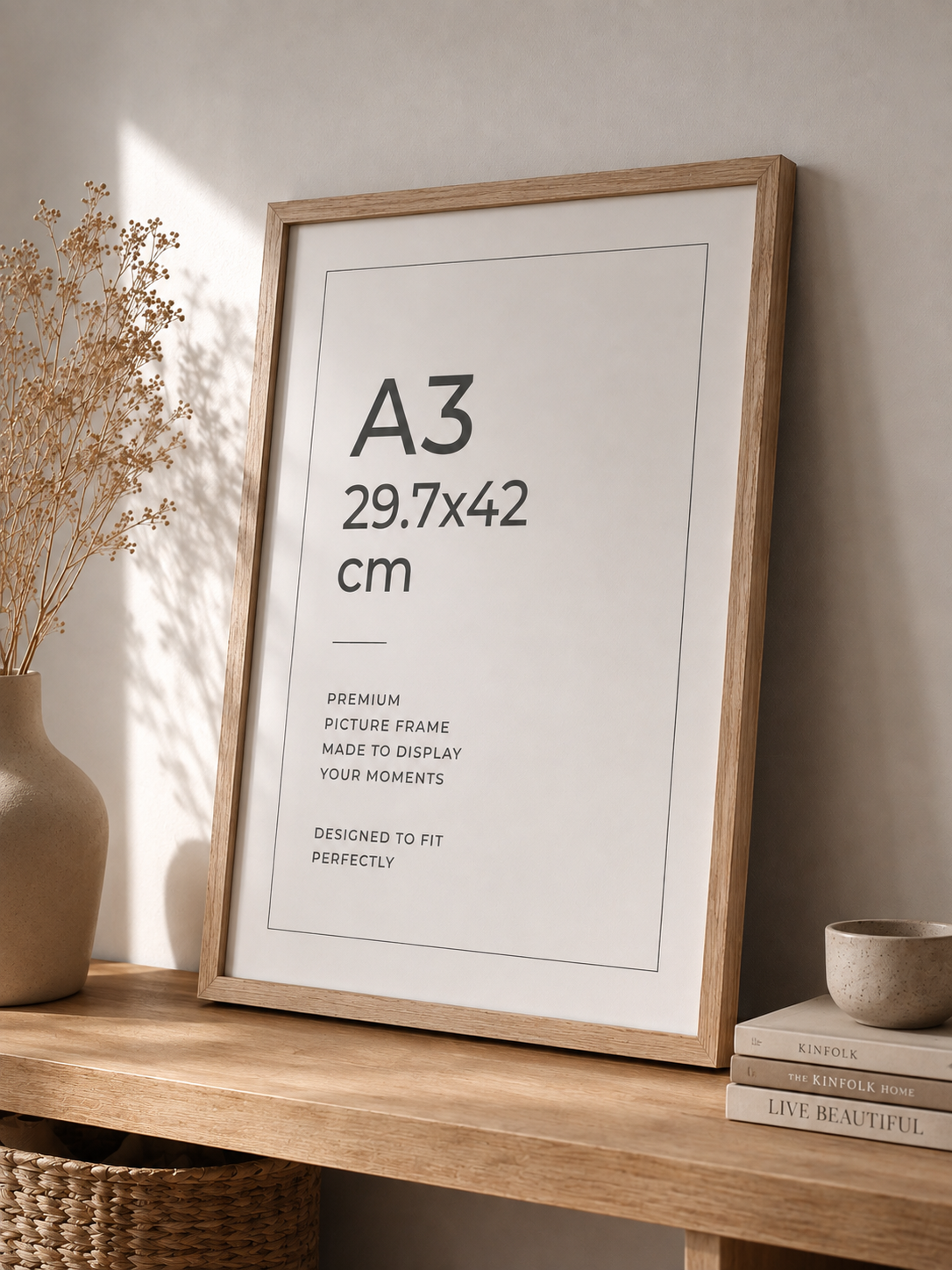 Oak A3 photo frame, 29.7 × 42 cm, leaning against a wall