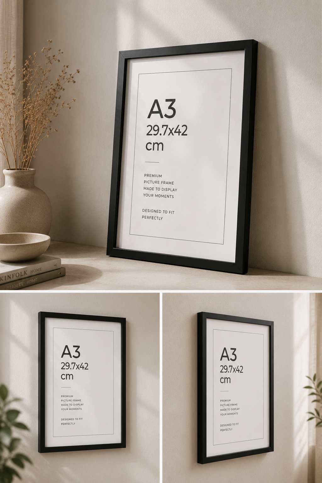 Black A3 photo frame shown standing and wall hung