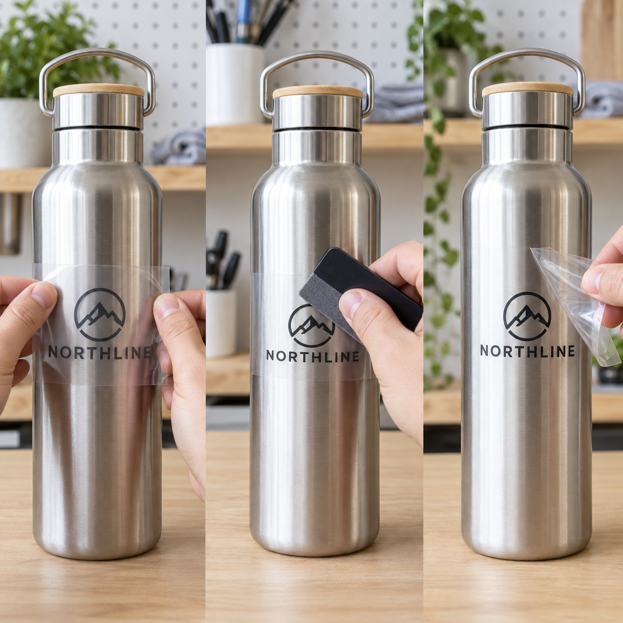 Three steps applying a UV DTF logo transfer to a stainless steel drinks bottle: position, rub down, peel the film