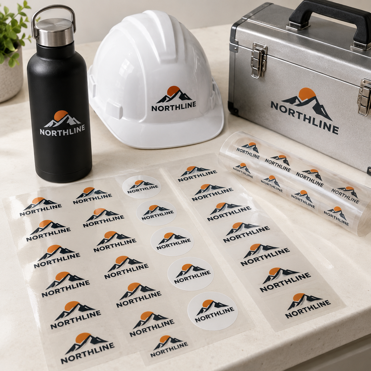 Custom UV DTF logo sticker sheets beside a branded water bottle, hard hat and metal toolbox