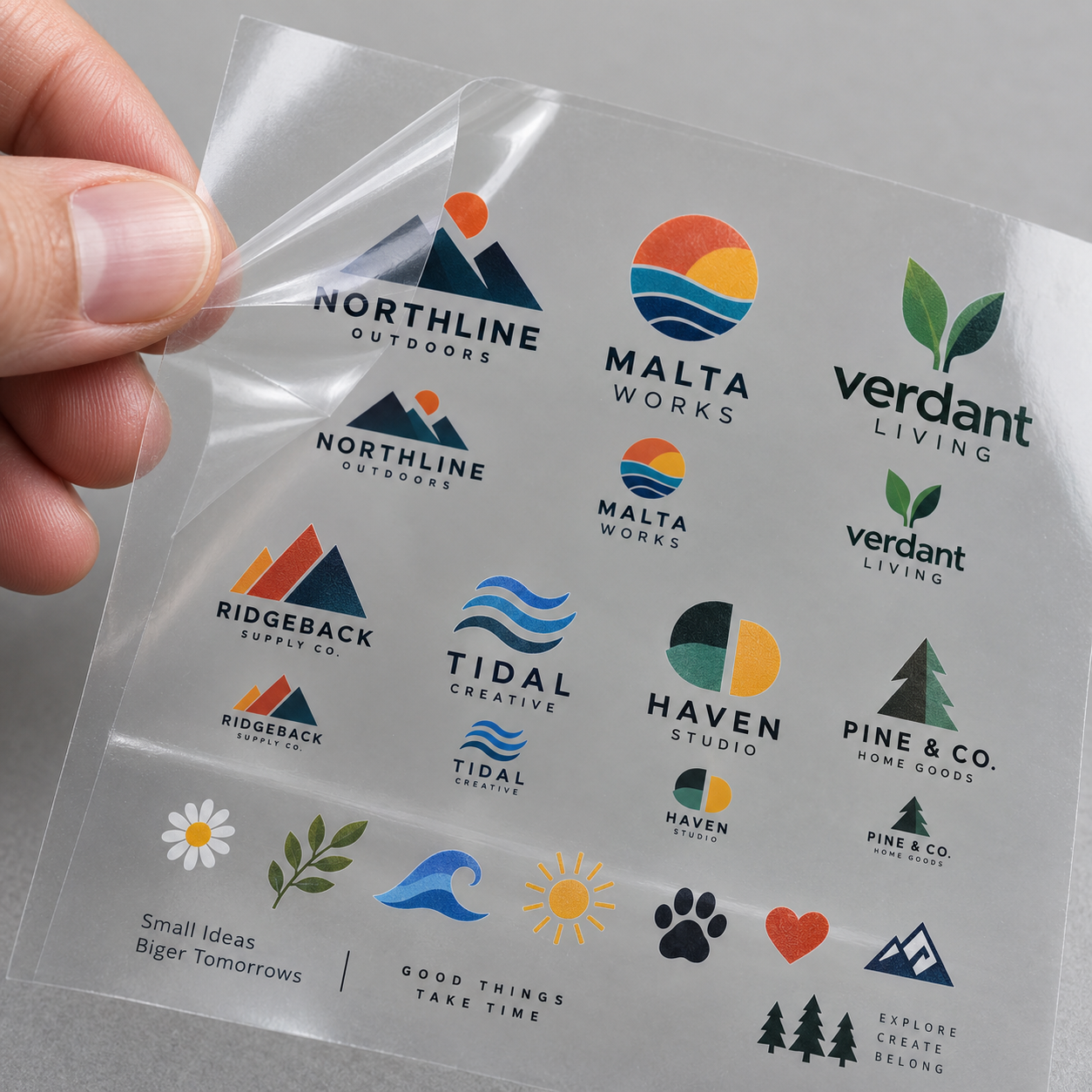 Clear UV DTF gang sheet holding multiple business logo stickers in different sizes, carrier film part-peeled