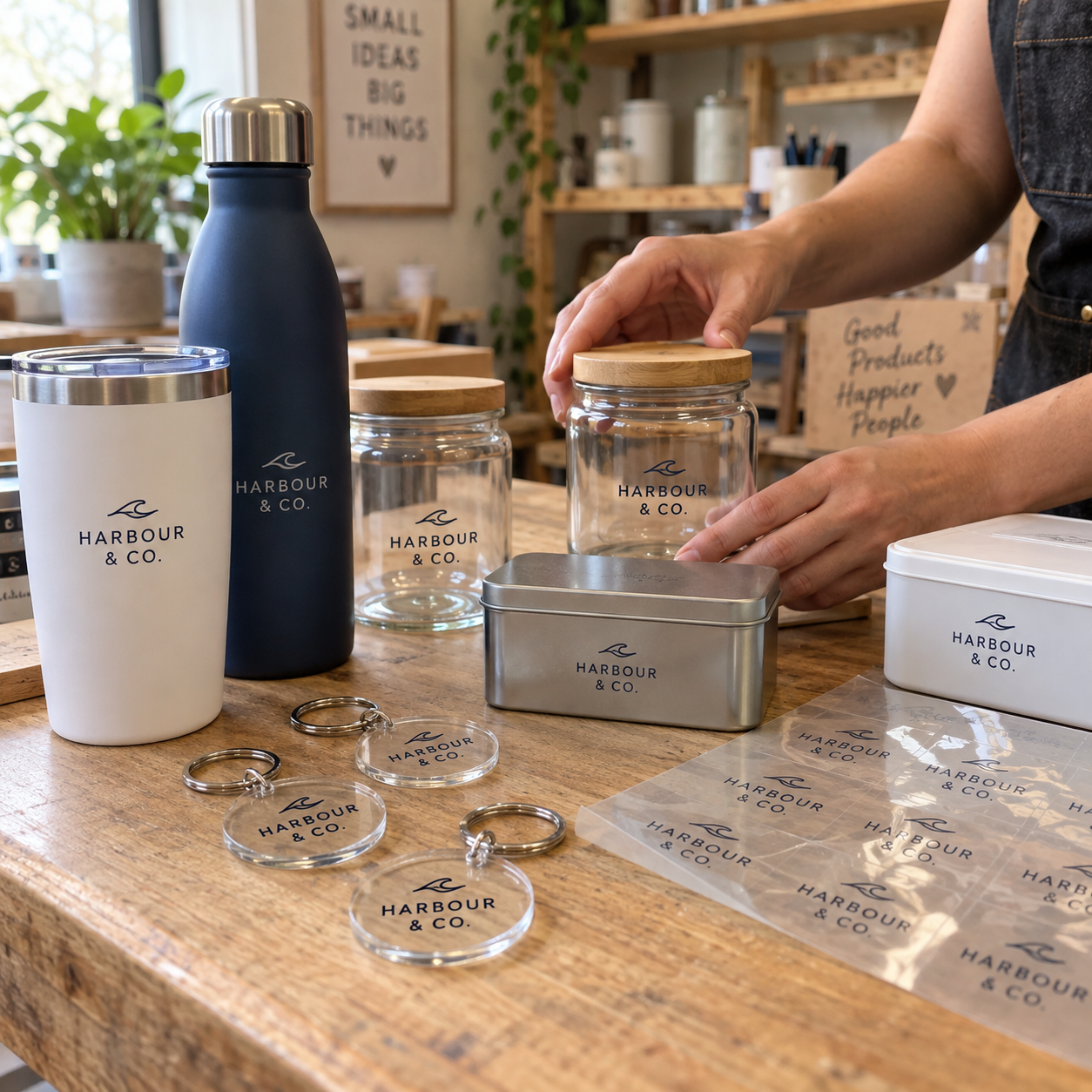 UV DTF logo transfers applied to a reusable tumbler, drinks bottle, glass storage jars, acrylic keyrings and gift tins