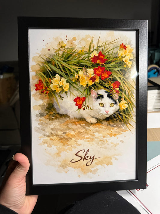 Custom Pet Watercolor Portraits Framed | Personalized Pet Artwork