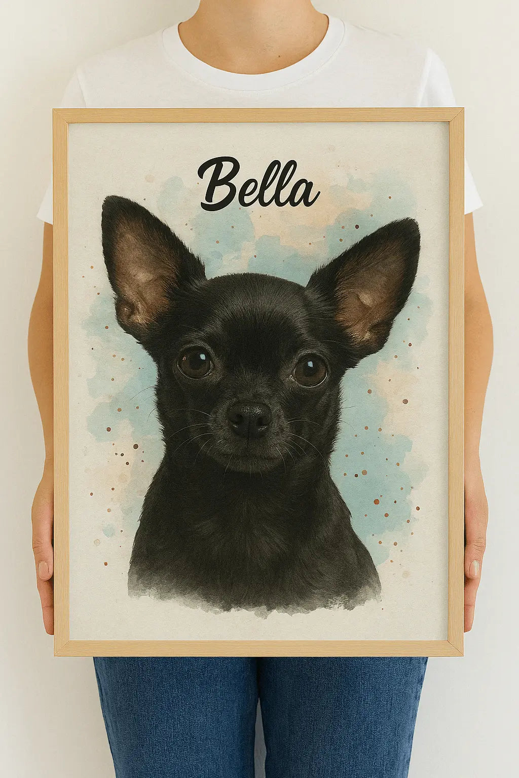 Personalised framed pet portrait of a black chihuahua named Bella, held by a person
