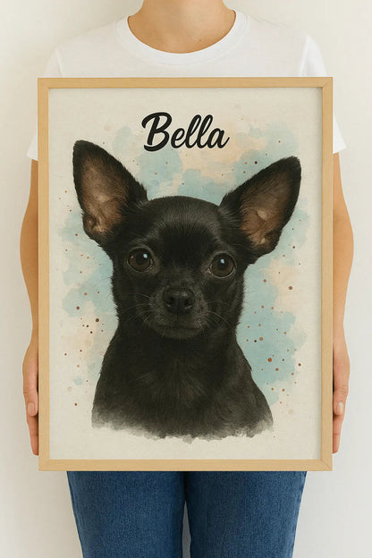 Personalised framed pet portrait of a black chihuahua named Bella, held by a person