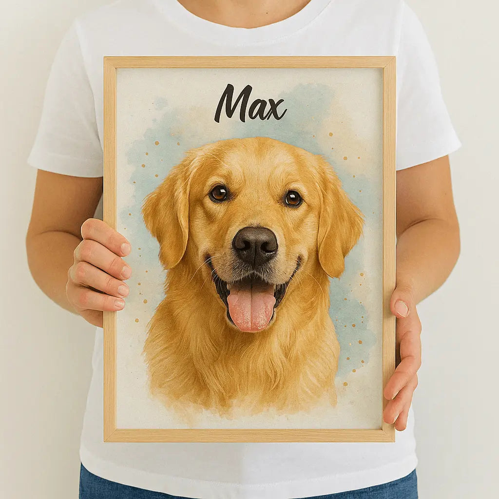 Person holding custom pet portrait of a golden retriever dog with the name Max.