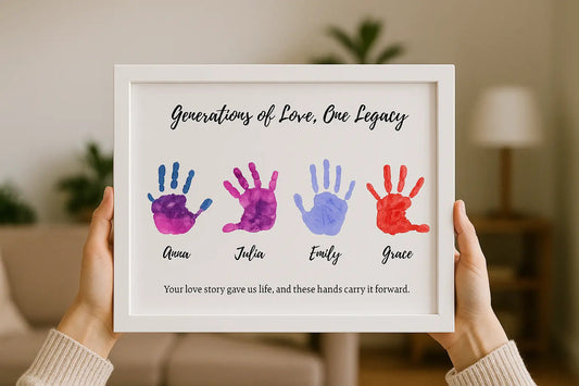 Personalized family handprint art with four colorful handprints in a white frame, custom names displayed.