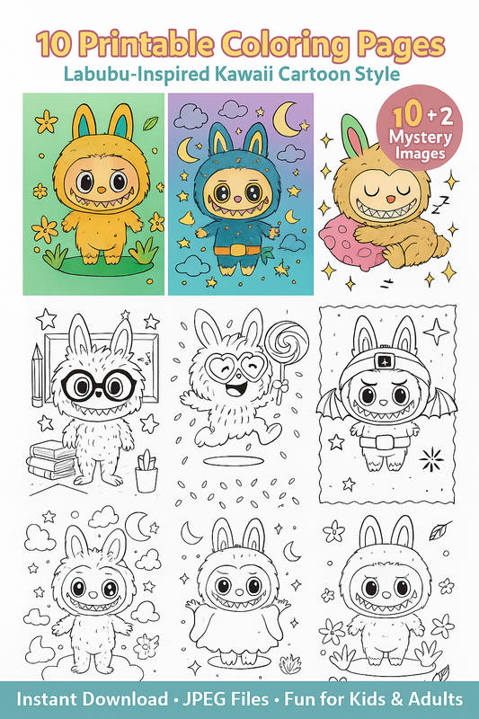 Labubu Coloring Pages | Cute Printable Coloring Sheets for Kids | Kawaii Digital Download | Stress Relief & Fun Activity