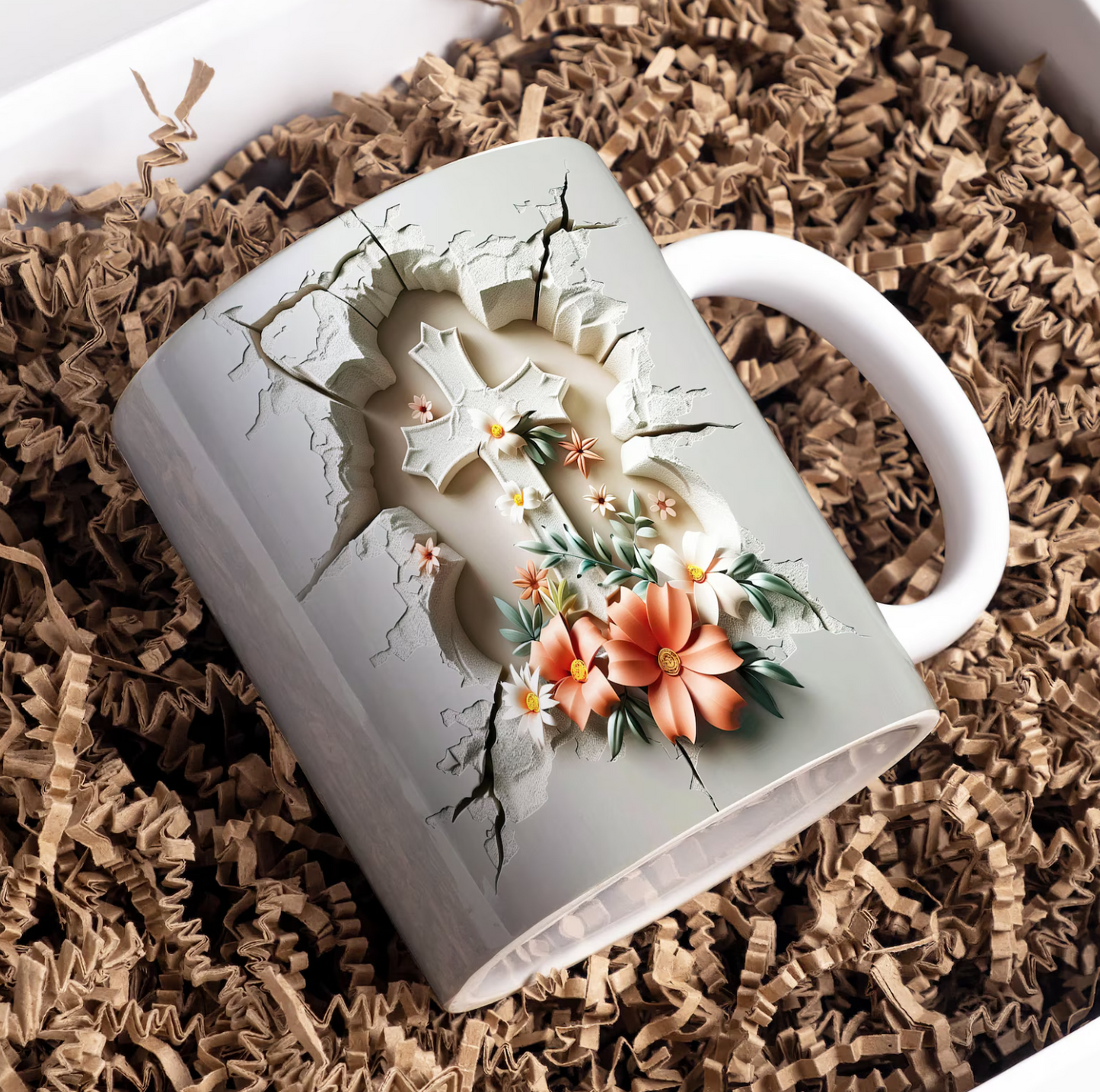 Religious Ceramic Mug - Cross with Flowers