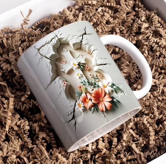 Religious Ceramic Mug - Cross with Flowers