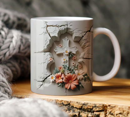 Religious Ceramic Mug - Cross with Flowers