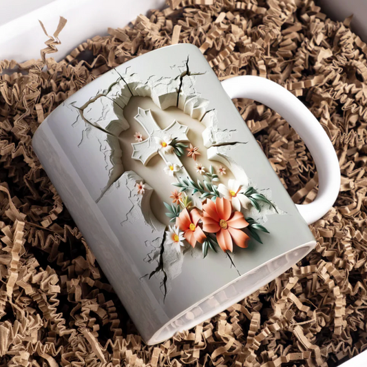 Religious Ceramic Mug - Cross with Flowers