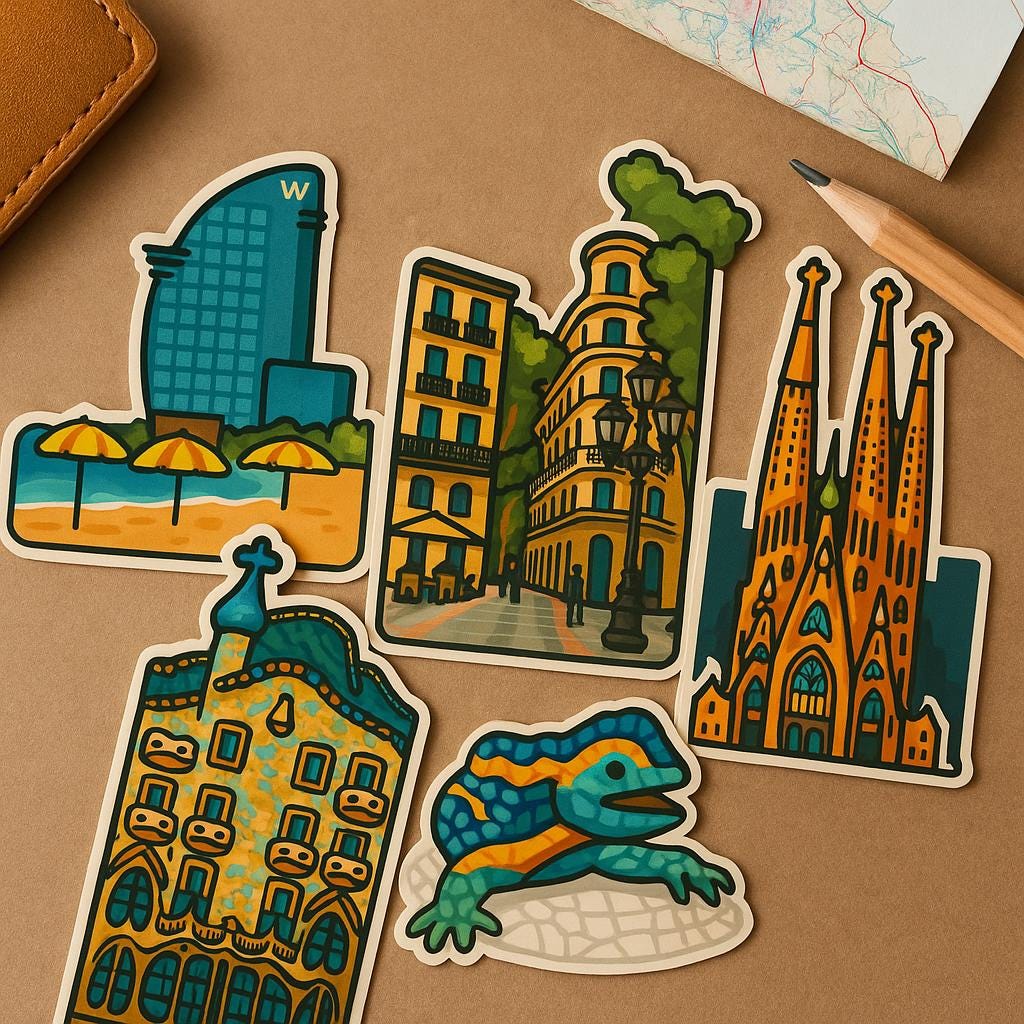 Barcelona Iconic Sticker - Park Güell, La Rambla Street, La Sagrada Família, Casa Batlló