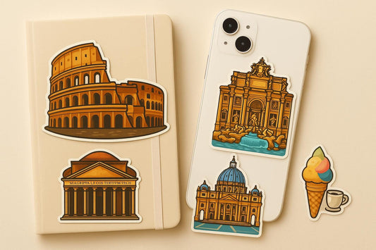 Rome Iconic Stickers | Italy Travel Stickers | Colosseum, Trevi Fountain, Pantheon, St. Peters Basilica, Spanish Steps| European Landmark