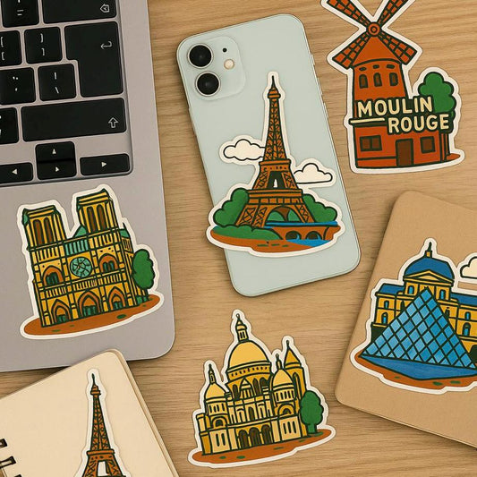 France Landmark Stickers: Eiffel Tower, Louvre, Moulin Rouge