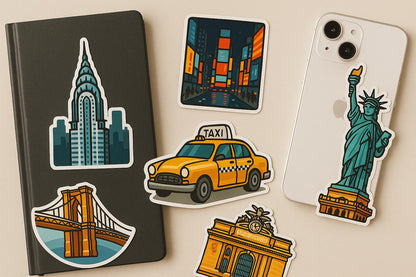 New York Iconic Landmarks Sticker- - Statue of Liberty, Empire State, Brooklyn Bridge, Time Square, Chrysler Building & Grand Central