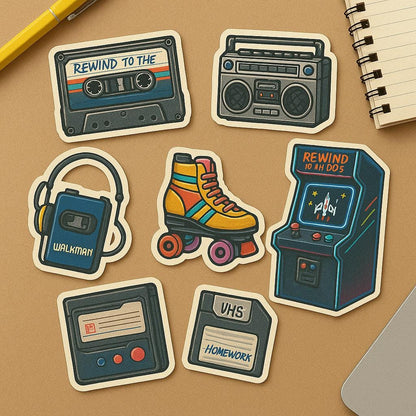 1980s Iconic Stickers  “Rewind to the 80s - Cassette Tape  Walkman  Roller Skates  VHS  Arcade  Boombox