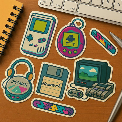 1990s Iconic Stickers  “Straight Outta the 90s  - Game Boy  Tamagotchi  Discman  CRT TV  Floppy Disk  Slap Bracelet